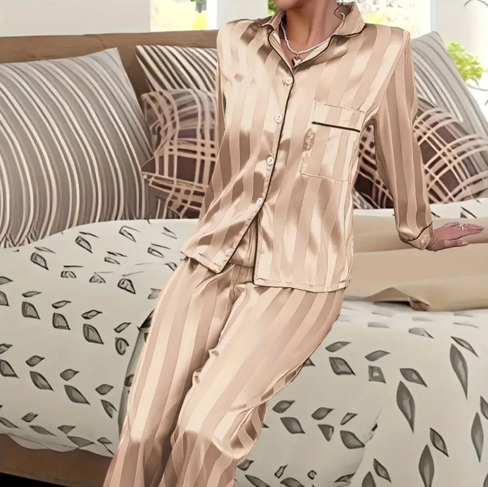 Women's Satin Pajama Set - Tan - Picture 2 of 4